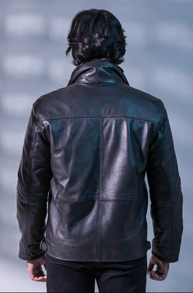 Premium brown leather jacket with stand-up collar and smooth texture